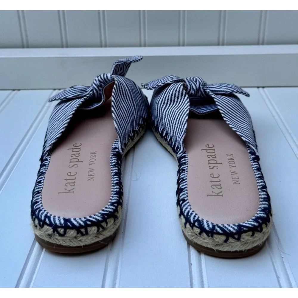 Kate Spade Saltie Shore Navy White Striped Bow Espadrille Slide Sandals 7B